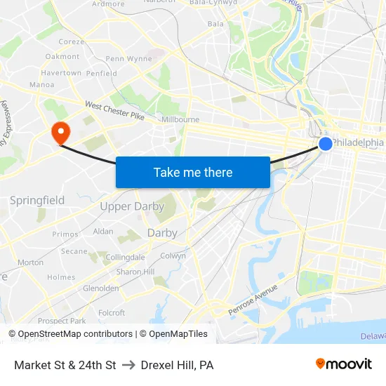 Market St & 24th St to Drexel Hill, PA map