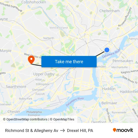 Richmond St & Allegheny Av to Drexel Hill, PA map