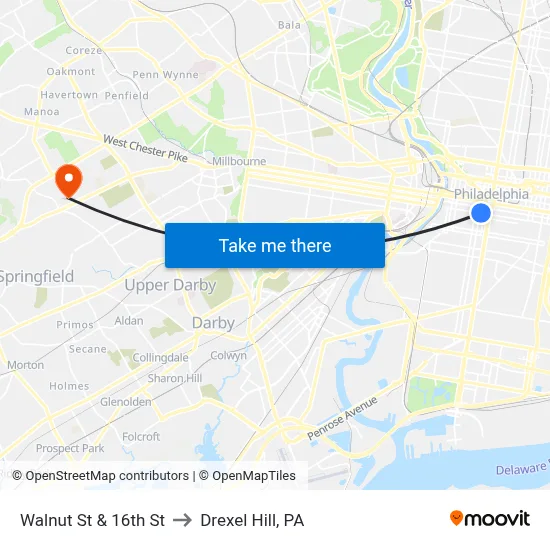 Walnut St & 16th St to Drexel Hill, PA map