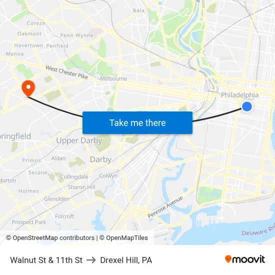 Walnut St & 11th St to Drexel Hill, PA map