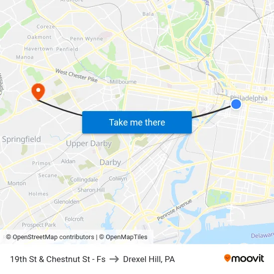 19th St & Chestnut St - Fs to Drexel Hill, PA map