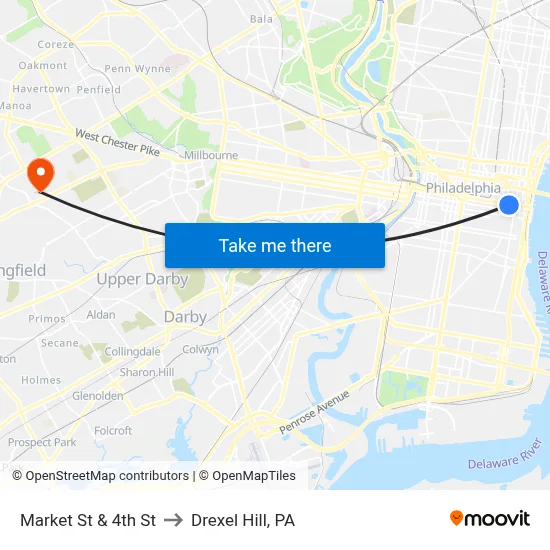 Market St & 4th St to Drexel Hill, PA map