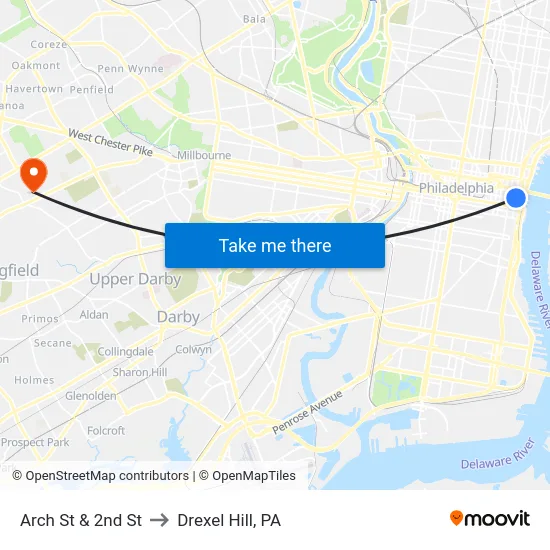 Arch St & 2nd St to Drexel Hill, PA map