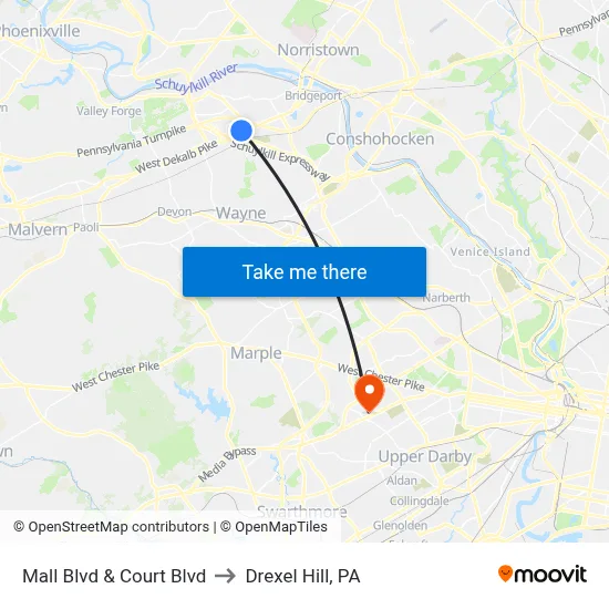 Mall Blvd & Court Blvd to Drexel Hill, PA map