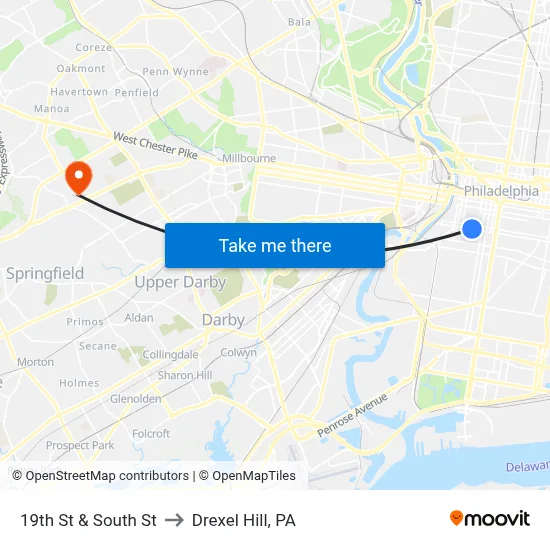 19th St & South St to Drexel Hill, PA map