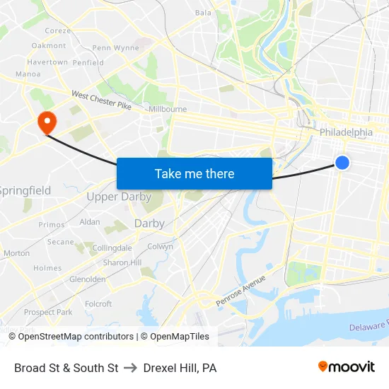 Broad St & South St to Drexel Hill, PA map