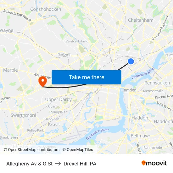 Allegheny Av & G St to Drexel Hill, PA map