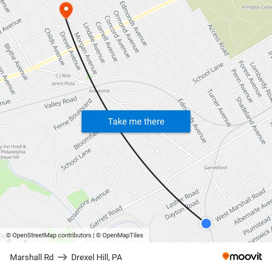 Marshall Rd to Drexel Hill, PA map