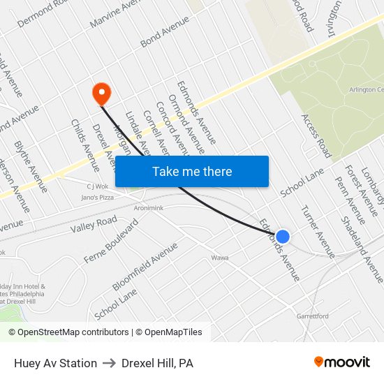 Huey Av Station to Drexel Hill, PA map