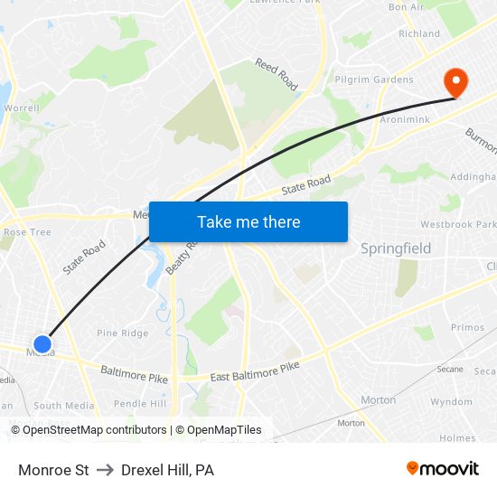 Monroe St to Drexel Hill, PA map