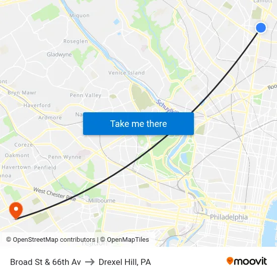 Broad St & 66th Av to Drexel Hill, PA map