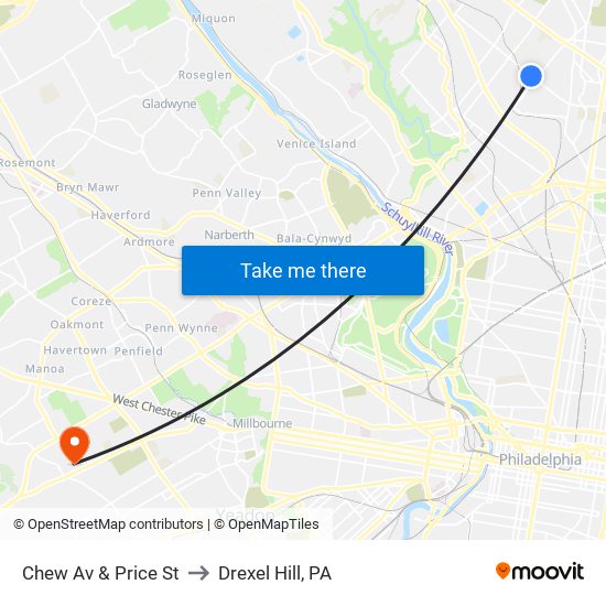 Chew Av & Price St to Drexel Hill, PA map