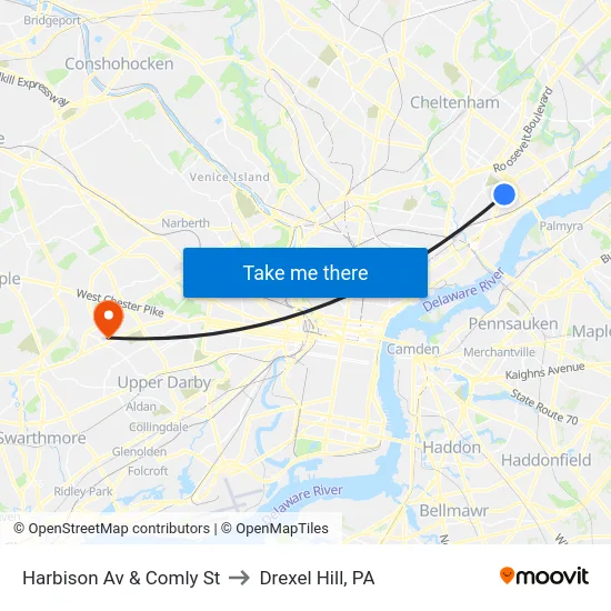 Harbison Av & Comly St to Drexel Hill, PA map