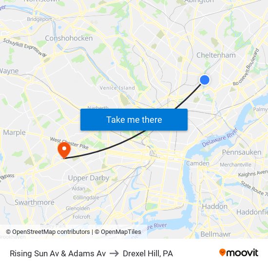 Rising Sun Av & Adams Av to Drexel Hill, PA map