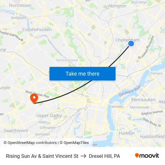 Rising Sun Av & Saint Vincent St to Drexel Hill, PA map