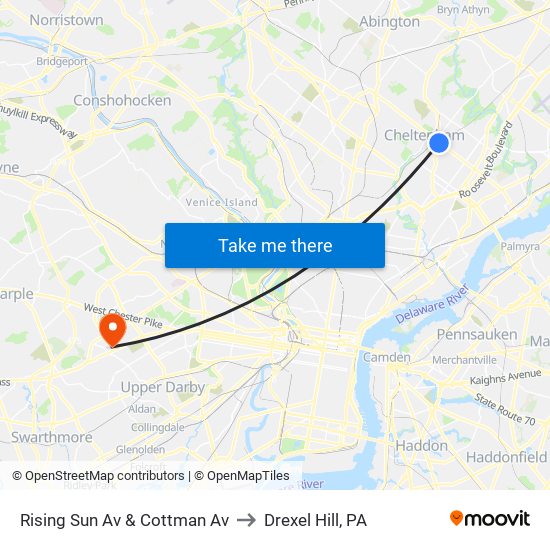 Rising Sun Av & Cottman Av to Drexel Hill, PA map