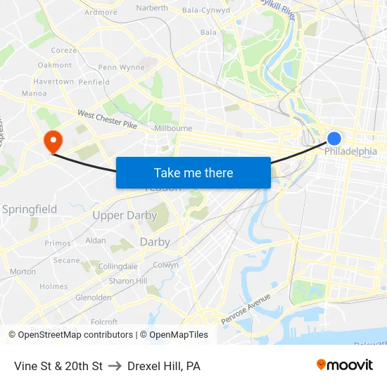 Vine St & 20th St to Drexel Hill, PA map