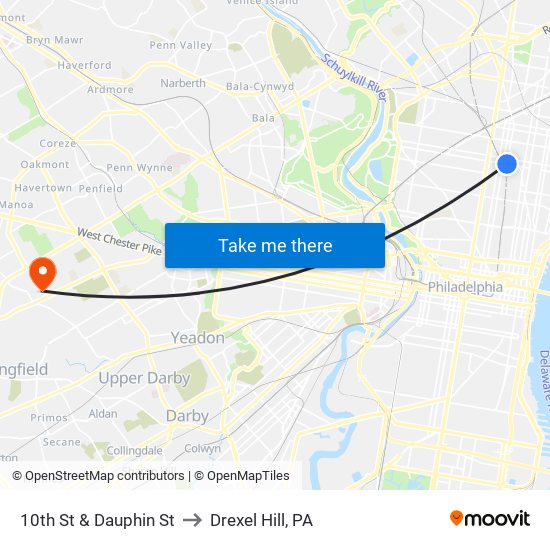 10th St & Dauphin St to Drexel Hill, PA map