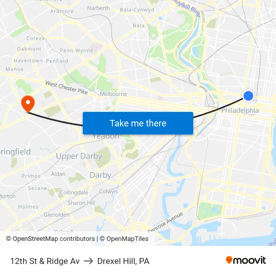 12th St & Ridge Av to Drexel Hill, PA map