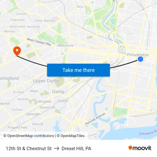 12th St & Chestnut St to Drexel Hill, PA map