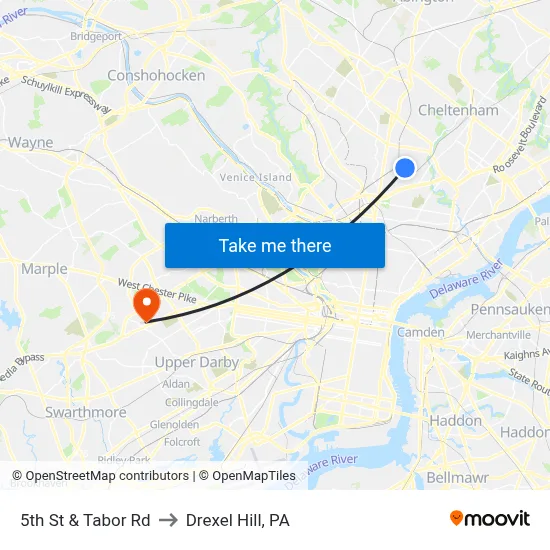 5th St & Tabor Rd to Drexel Hill, PA map