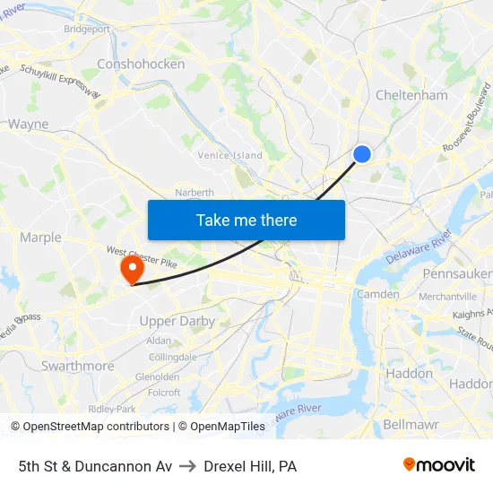 5th St & Duncannon Av to Drexel Hill, PA map