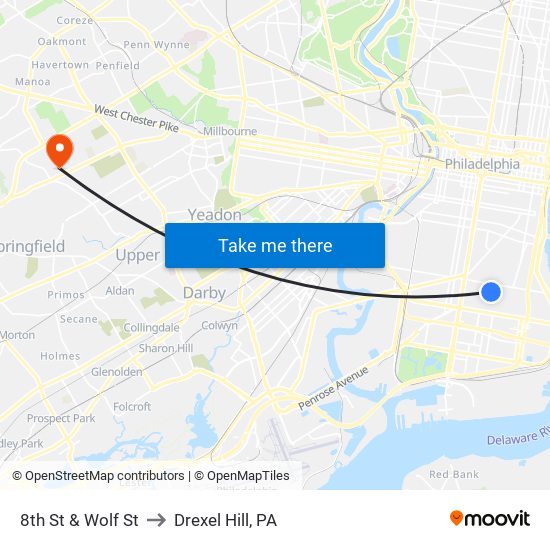 8th St & Wolf St to Drexel Hill, PA map