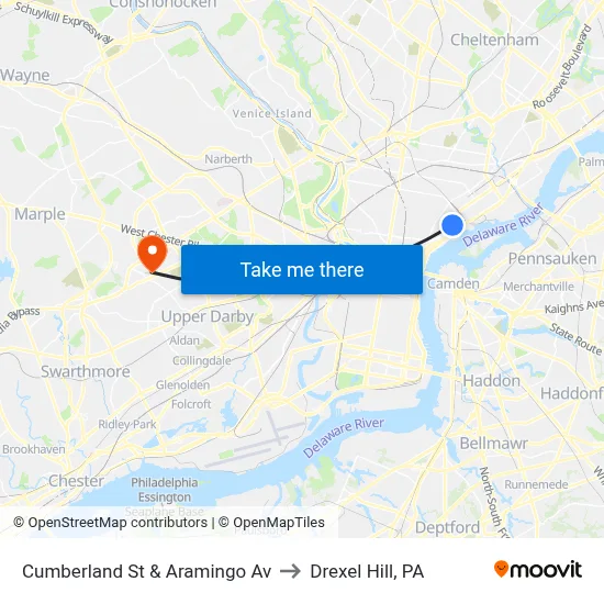 Cumberland St & Aramingo Av to Drexel Hill, PA map