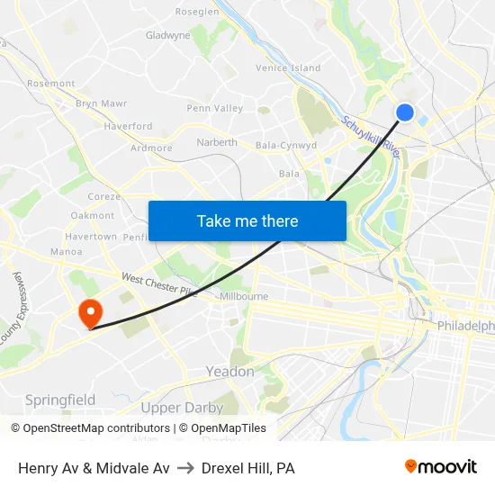 Henry Av & Midvale Av to Drexel Hill, PA map