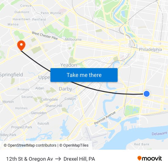 12th St & Oregon Av to Drexel Hill, PA map