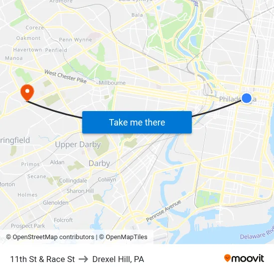 11th St & Race St to Drexel Hill, PA map