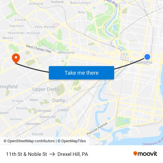 11th St & Noble St to Drexel Hill, PA map