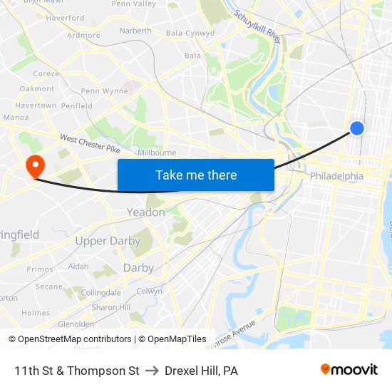 11th St & Thompson St to Drexel Hill, PA map