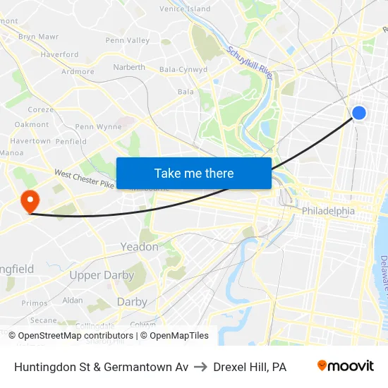 Huntingdon St & Germantown Av to Drexel Hill, PA map