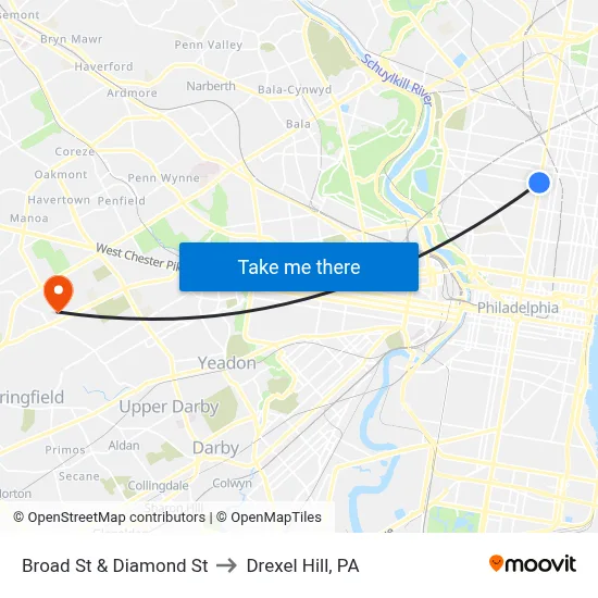 Broad St & Diamond St to Drexel Hill, PA map
