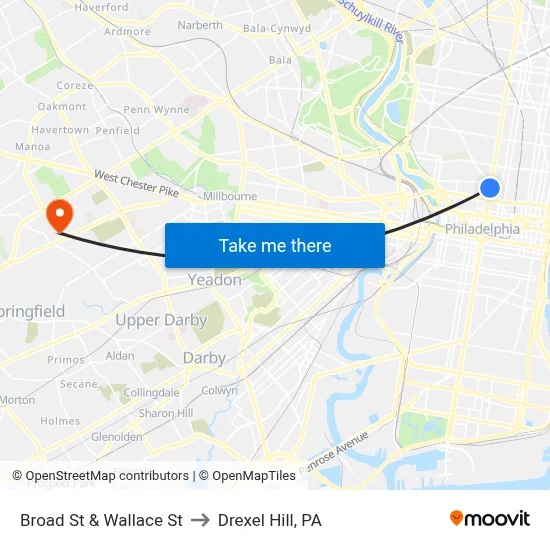 Broad St & Wallace St to Drexel Hill, PA map