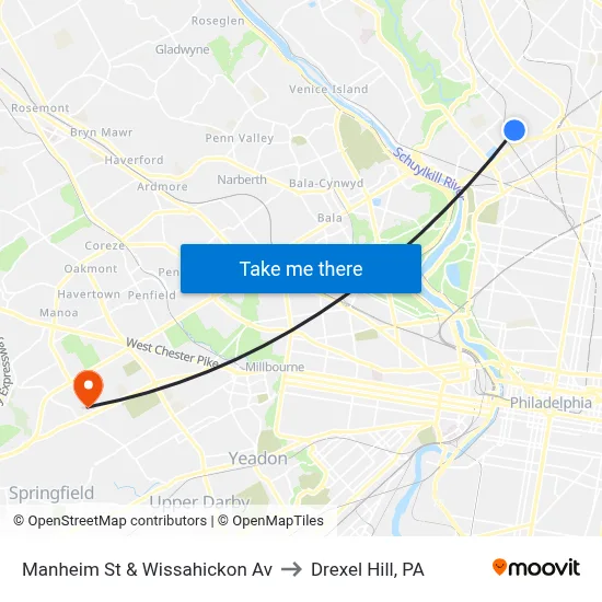 Manheim St & Wissahickon Av to Drexel Hill, PA map