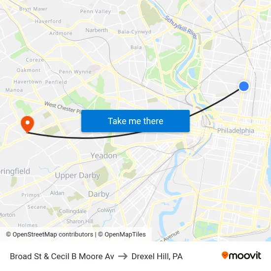 Broad St & Cecil B Moore Av to Drexel Hill, PA map