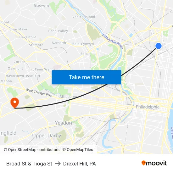 Broad St & Tioga St to Drexel Hill, PA map