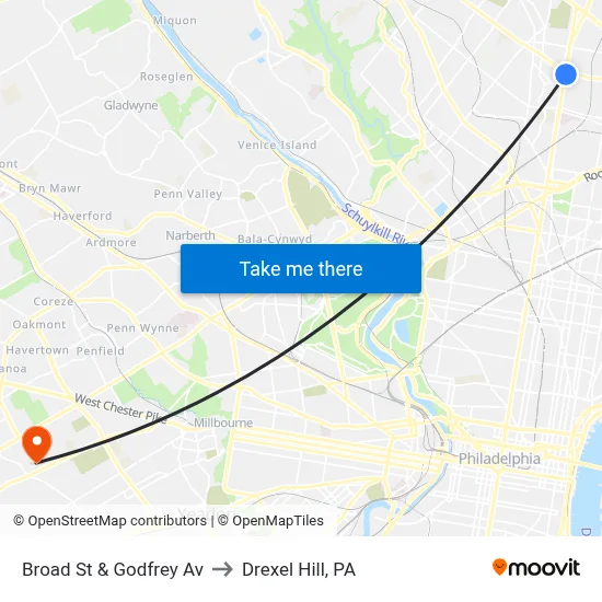 Broad St & Godfrey Av to Drexel Hill, PA map