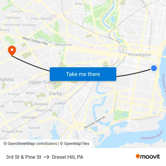 3rd St & Pine St to Drexel Hill, PA map