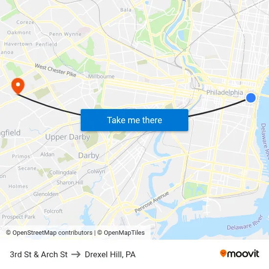 3rd St & Arch St to Drexel Hill, PA map