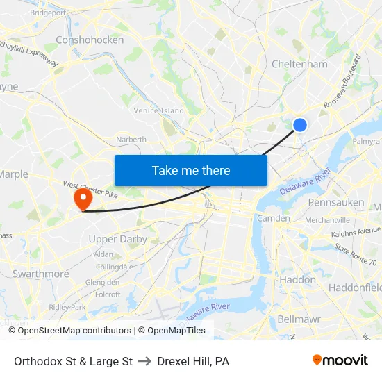 Orthodox St & Large St to Drexel Hill, PA map