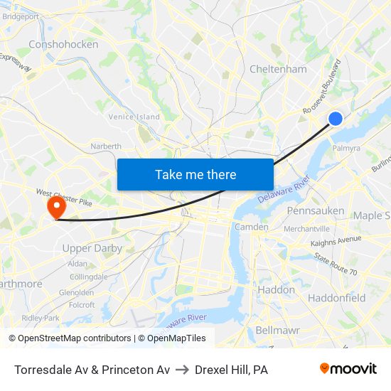 Torresdale Av & Princeton Av to Drexel Hill, PA map