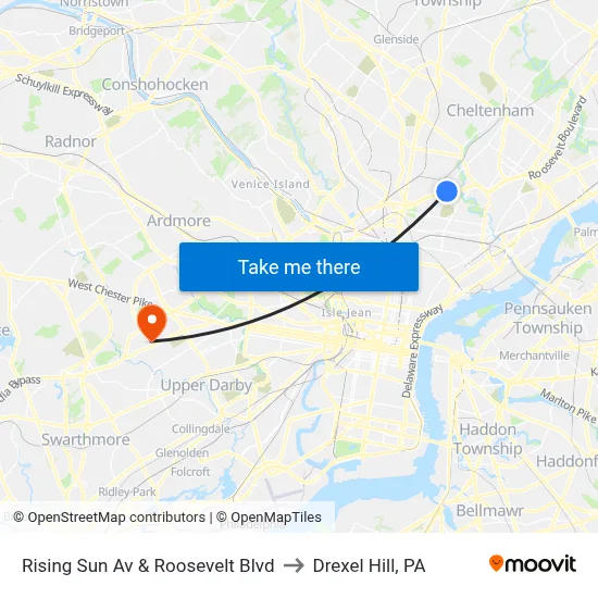 Rising Sun Av & Roosevelt Blvd to Drexel Hill, PA map