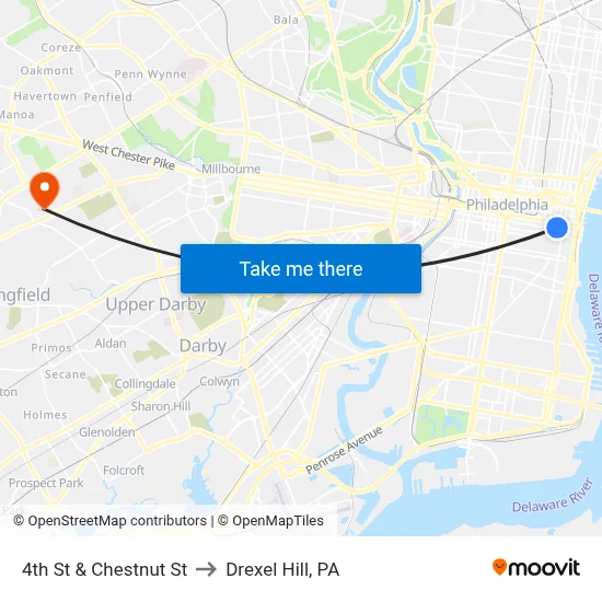 4th St & Chestnut St to Drexel Hill, PA map