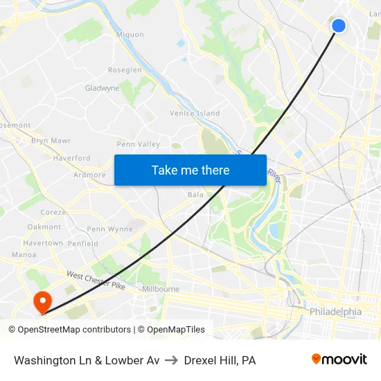 Washington Ln & Lowber Av to Drexel Hill, PA map