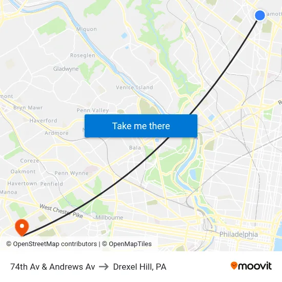74th Av & Andrews Av to Drexel Hill, PA map
