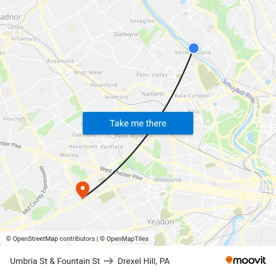Umbria St & Fountain St to Drexel Hill, PA map