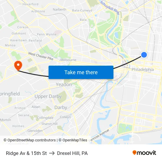 Ridge Av & 15th St to Drexel Hill, PA map